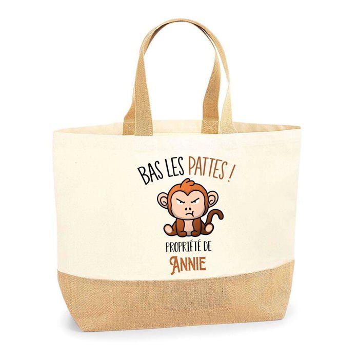 Sac cabas - PLANETEE - Annie Bas les pattes Singe - Jute naturel - Imprimé en France - Grandes anses