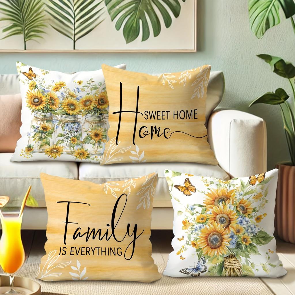 Sunshine-inspired pillow cover: bright sunflowers, smart butterflies and warm family words, sofa cushion cover