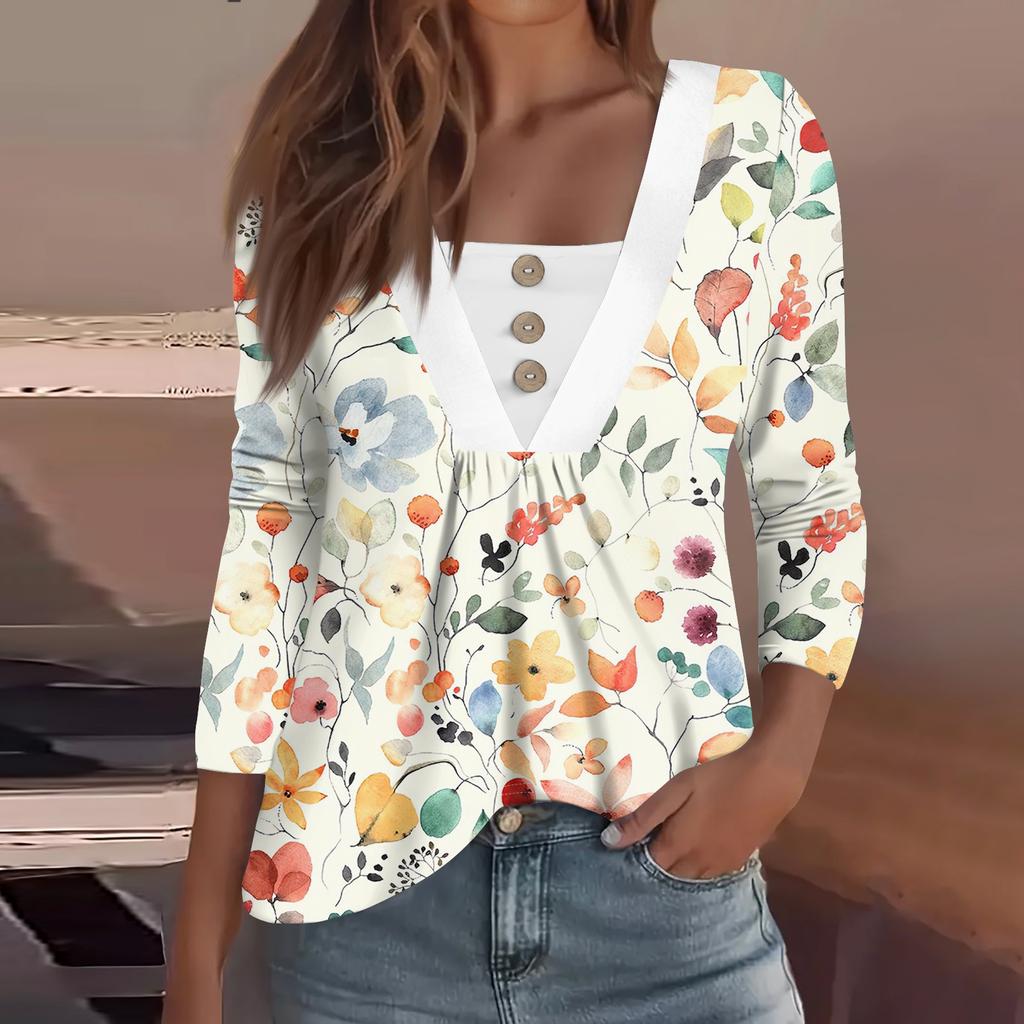 Women's Fashion Casual Long Sleeve Shirt Floral Printed Button V Neck Up Tops