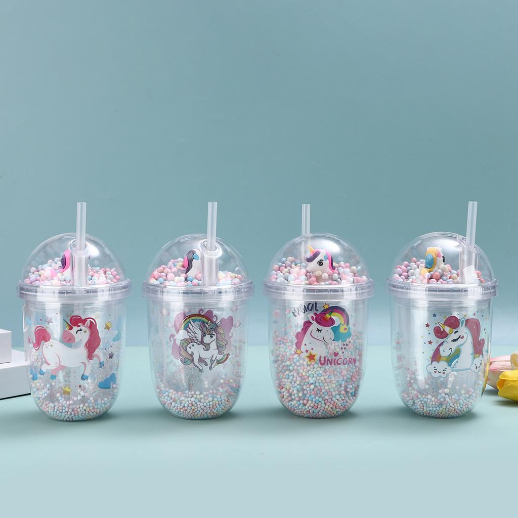 Water bottle creative unicorn double plastic cup high value male and female students cartoon summer straw cup children's water cup