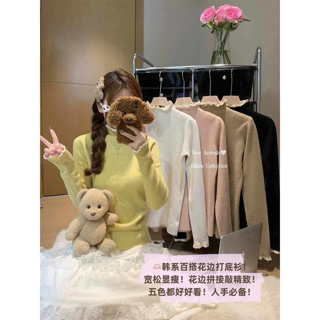 Девичий розовый трикотажный свитер с полувысоким воротом женский осенне-зимний кружевной внутри многослойный топ с длинными рукавами базовая рубашка