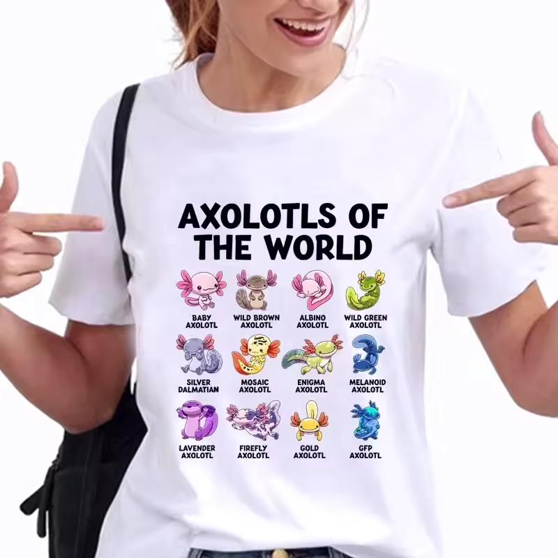 Axolotls of The World Graphic Print T-shirt Funny Women Fashion Crew Neck Tee Summer Casual Comfortable Tees Cute Animal Tops