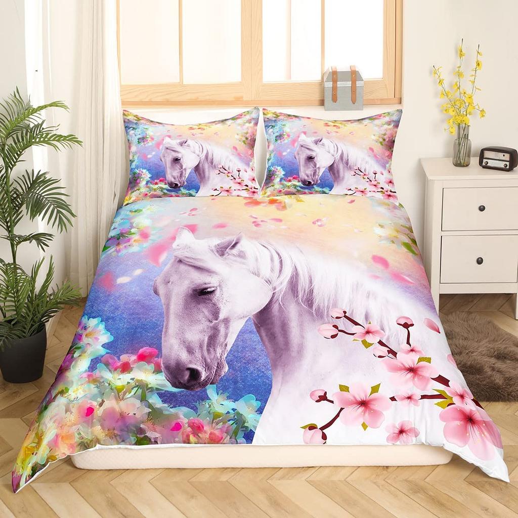 Белый конь Розовый цвет сакуры Король Полный Комплект Постельного Белья Акварельный Цветочный Пододеяльник Животный Пододеяльник Полиэстеровый Чехол для Одеяла