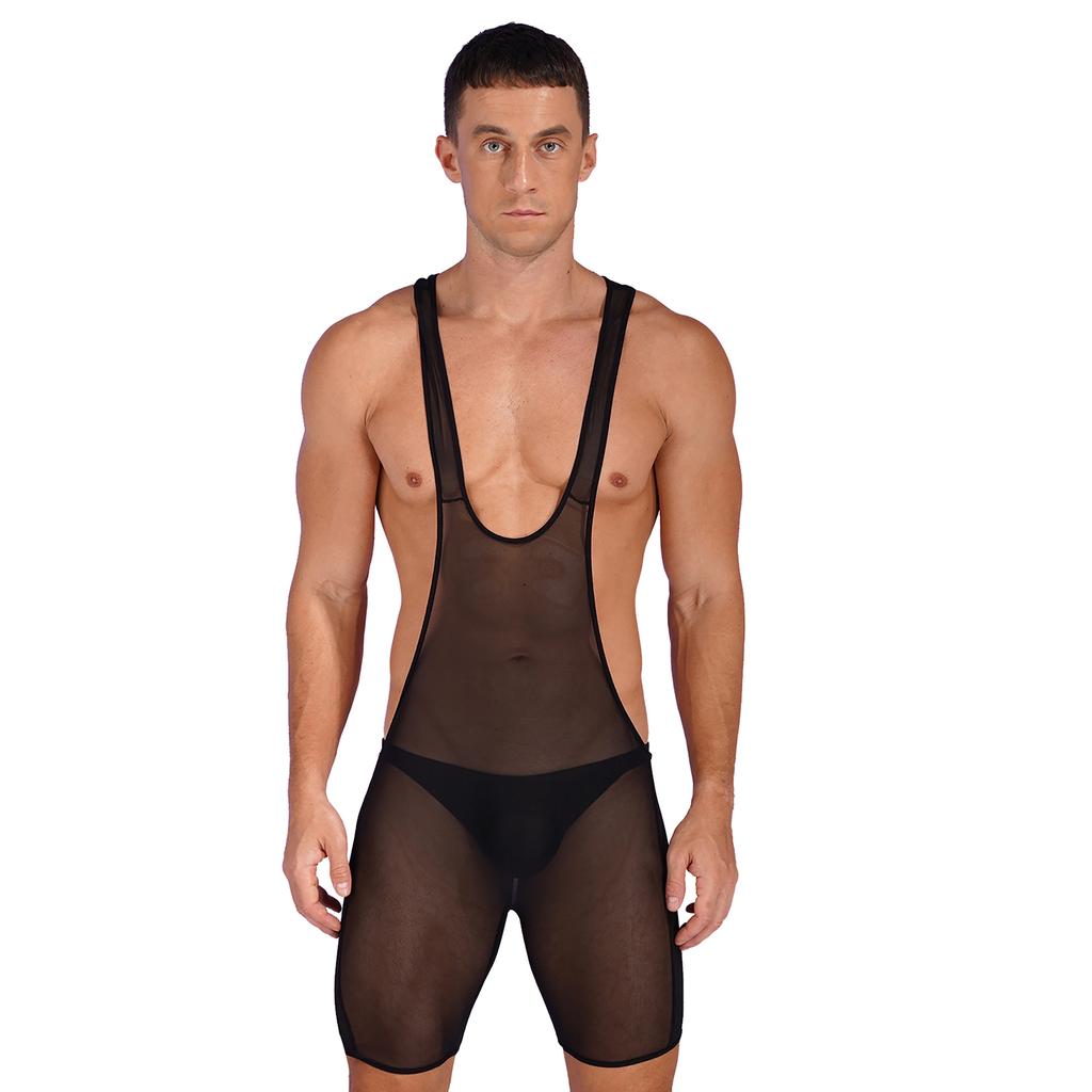 Men's Suspender Wrestling Singlet Leotard Bodysuit Jockstrap One Piece Deep U Neck Jumpsuit
