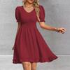 Женское летнее мини-платье с V-образным вырезом, короткими рукавами и свободным подолом, однотонное