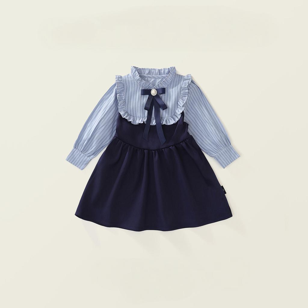 Платье в стиле преппи для девочек, весна-осень 2024, детские полосатые платья контрастного цвета с длинными рукавами, официальная одежда для студентов