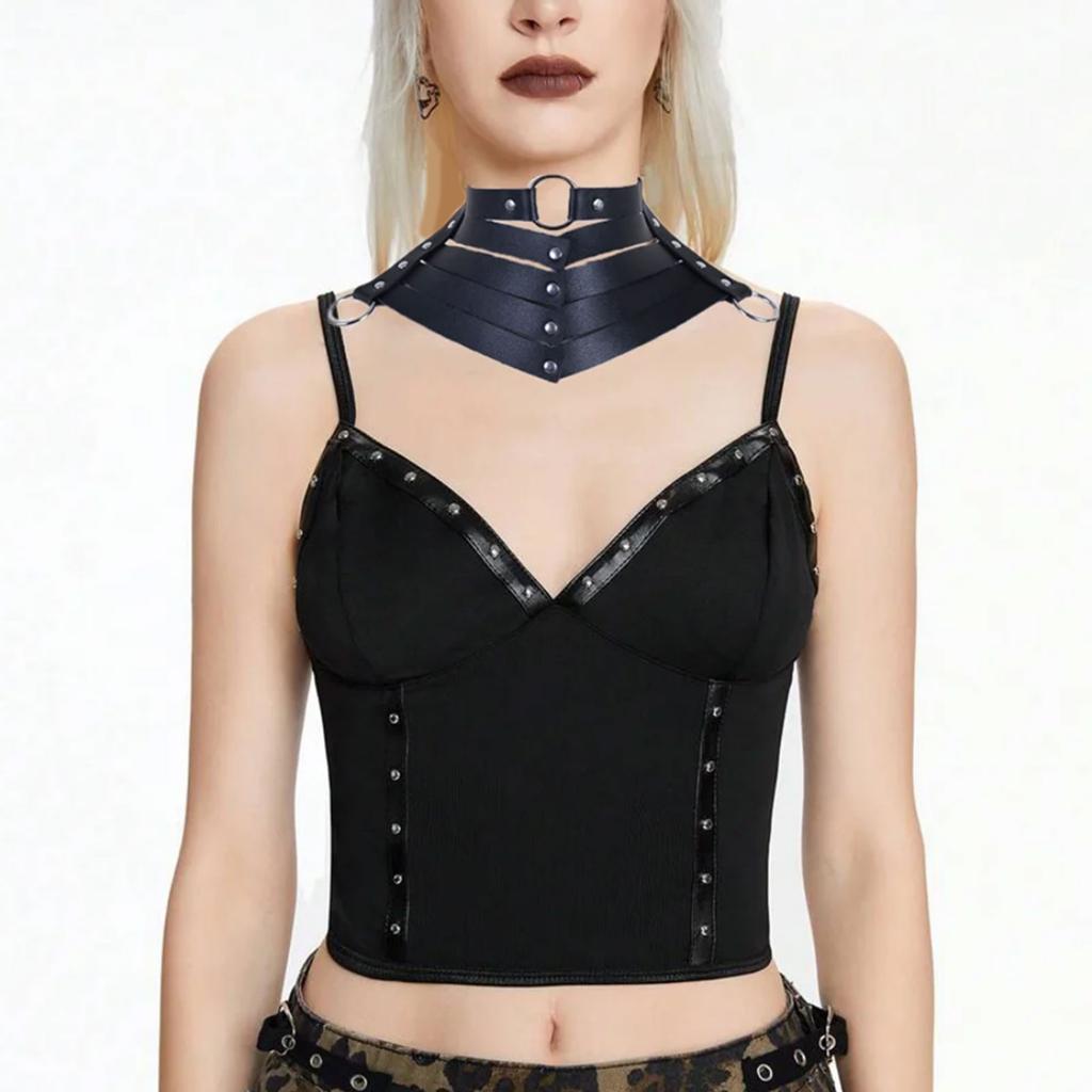 Vintage Goth Punk Faux Leather Necklace Trendy Goth Punk Style Necklace with Adjustable Faux Leather Straps for Women