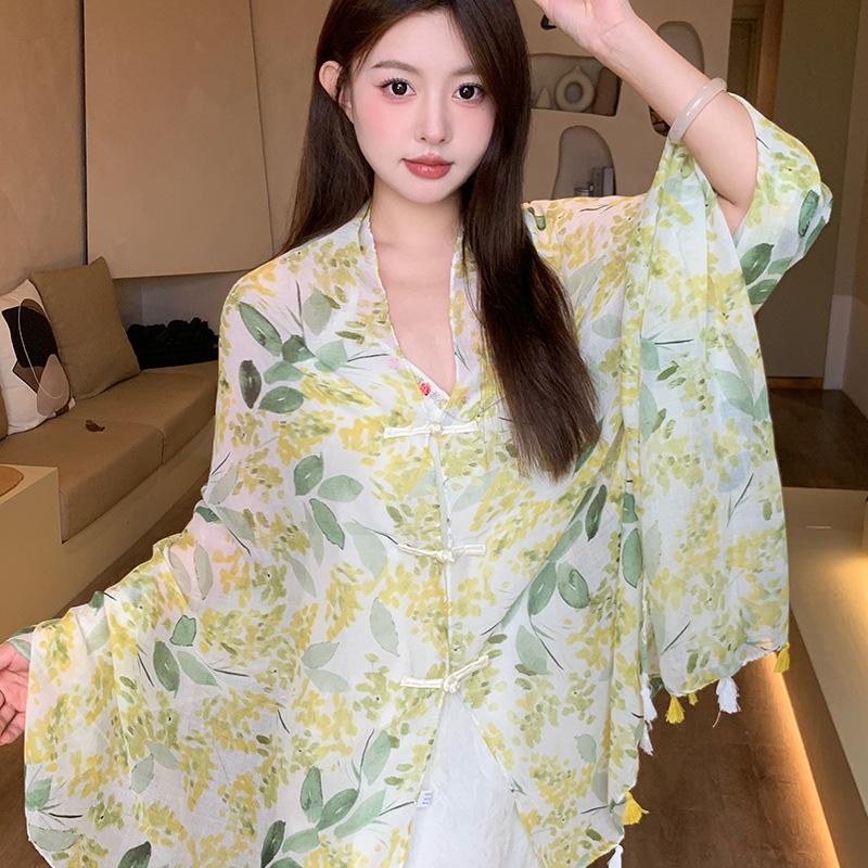 Small fresh green floral silk scarf women's summer travel buckle sunscreen large shawl beach towel thin yarn scarf scarf