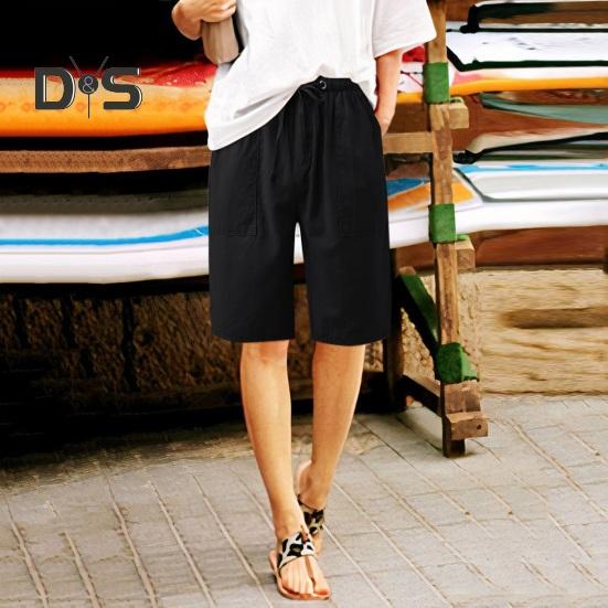 Женские летние шорты из хлопка и льна, повседневные шорты с широкими штанинами, завязывающиеся на шнурок, с карманами, длиной до колена для отдыха на пляже