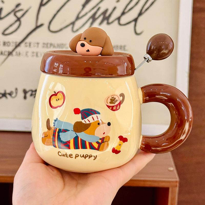 Cartoon Dachshund Puppy Ceramic Mug with Lid Spoon Cute Breakfast Cup Home Milk Oatmeal Cup Souvenir