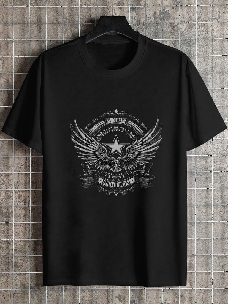 1pc 180g Cotton Crew Neck T-shirt - Black Monochrome Emblem Design with Symmetrical Wings