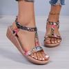 Women's Fashion Wedge Sandals Summer New Round Head Shallow Hollow-cut Breathable Fine Belt Printed Thick Heel Shoes