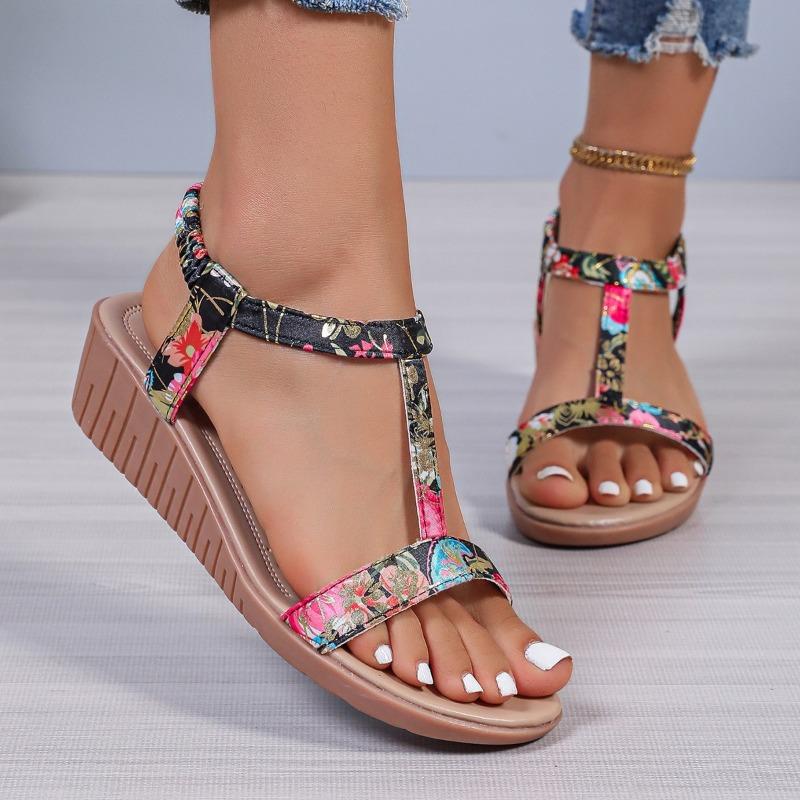 Women's Fashion Wedge Sandals Summer New Round Head Shallow Hollow-cut Breathable Fine Belt Printed Thick Heel Shoes