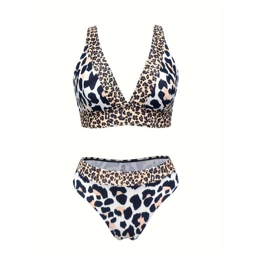 [Бикини с леопардовым принтом] Эластичный купальник-бикини с высокой талией, состоящий из двух частей, с леопардовым принтом для женщин - V-образный вырез, контрастная отделка, идеально подходит для пляжа и спа
