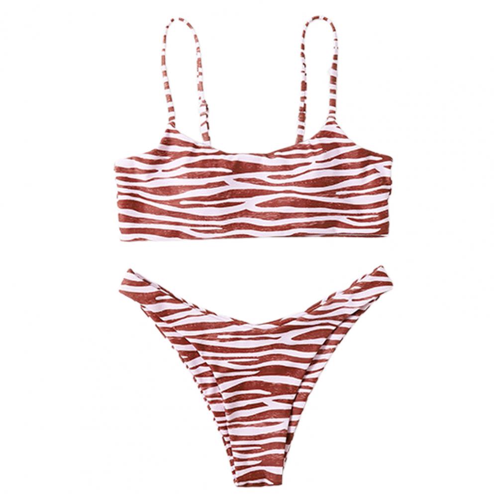 2 Pcs/Set Bikini Set Zebra Stripe Print Contrast Color Spaghetti Strap Adjustable Women Swimwear for Swimming