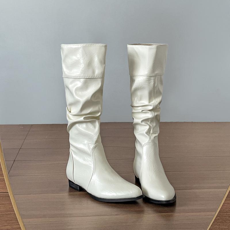 Fashion Vintage Slip On Pointed Toe Women Knee High Boots Cosy Soft Leather Long Booties Street Style Low Heel Shoes Zapatos De Mujer