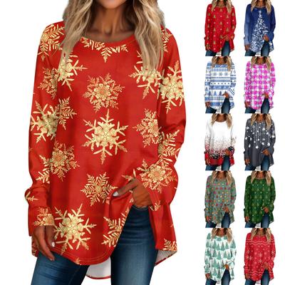 Женская мода повседневная футболка с круглым вырезом и рождественским принтом на плечах с длинными рукавами