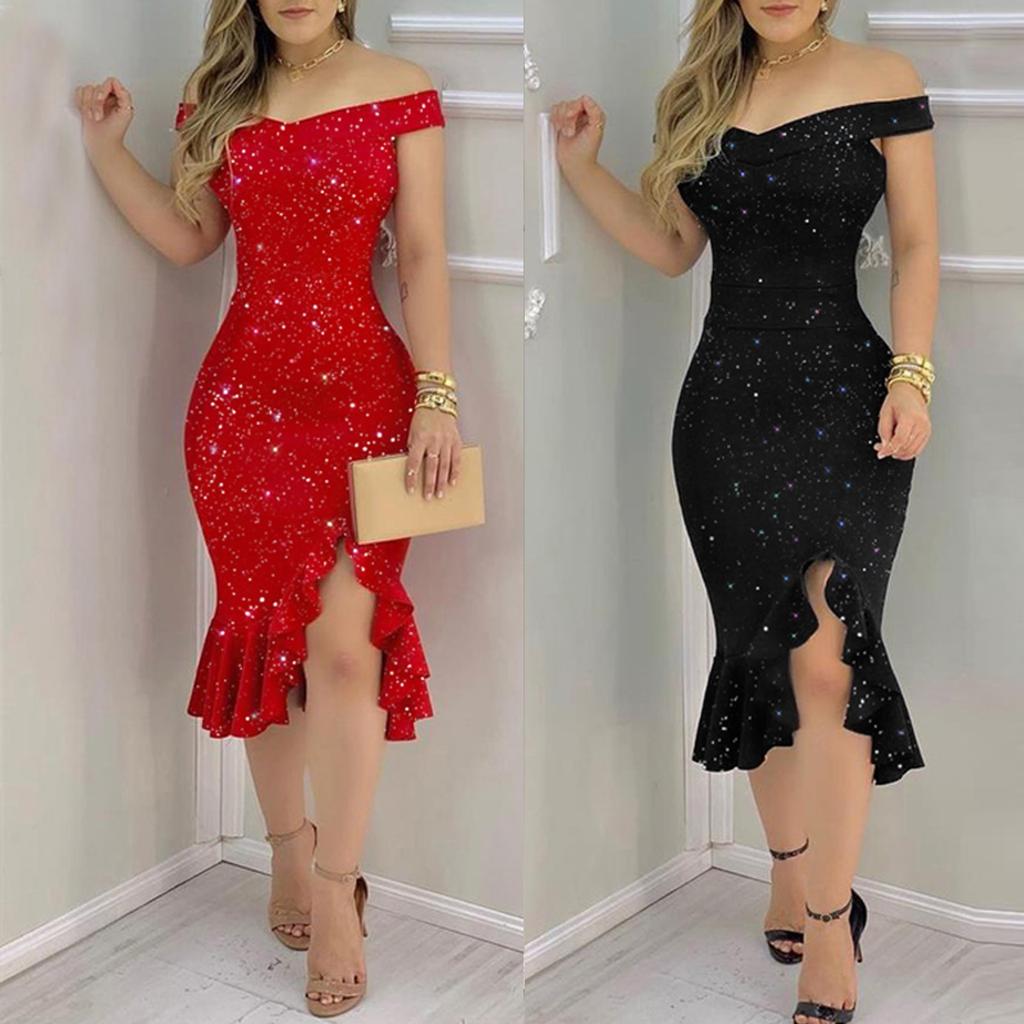 Women's Fashion Sexy Summer Off Shoulder Short Sleeve Sequin Ruffle Irregular Dresses
