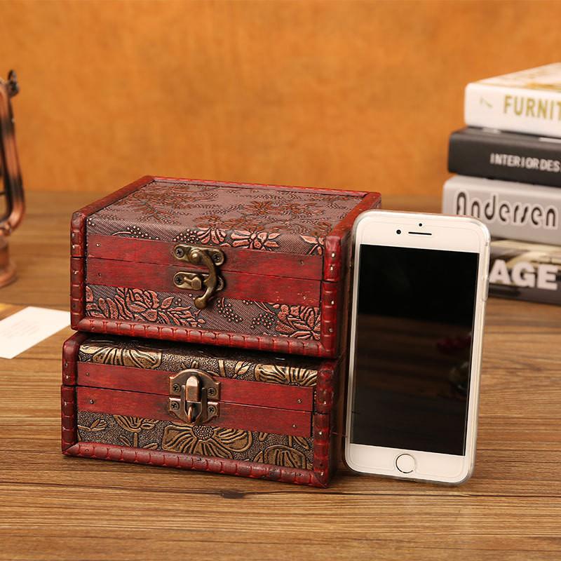 Style Vintage Wooden Box With Lock For Organizing Jewelry Accessories Decoration