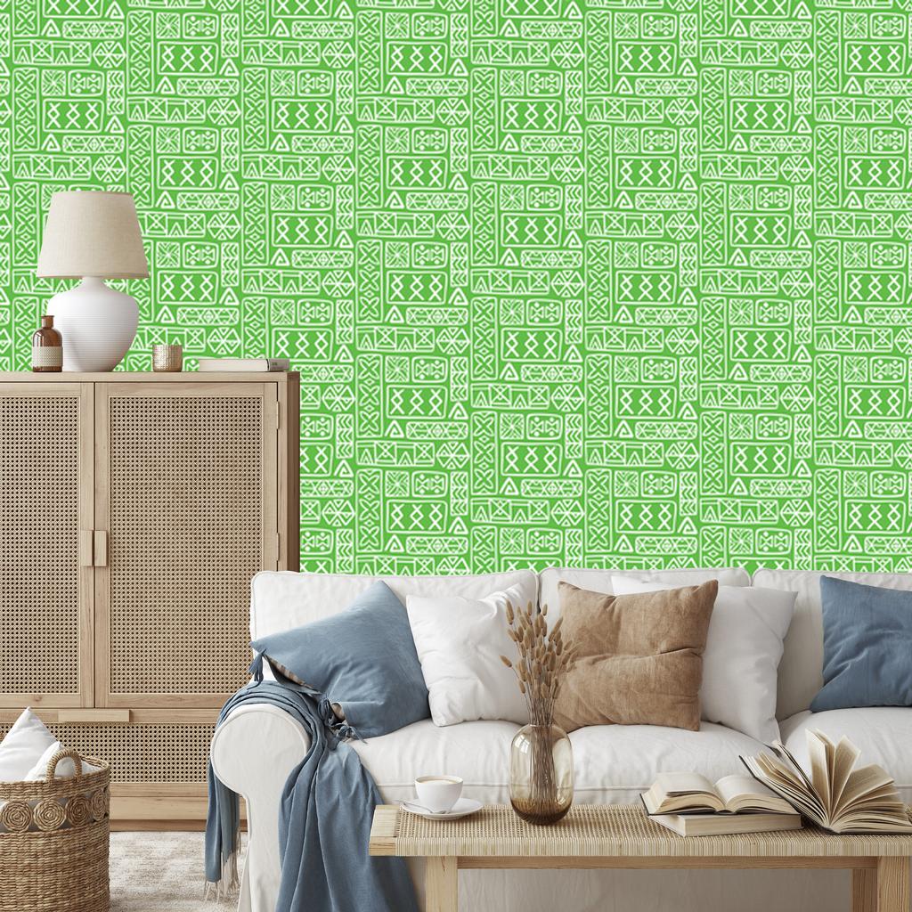 Polynesian Geometric Pattern Wallpaper Mint and Green 50x1000