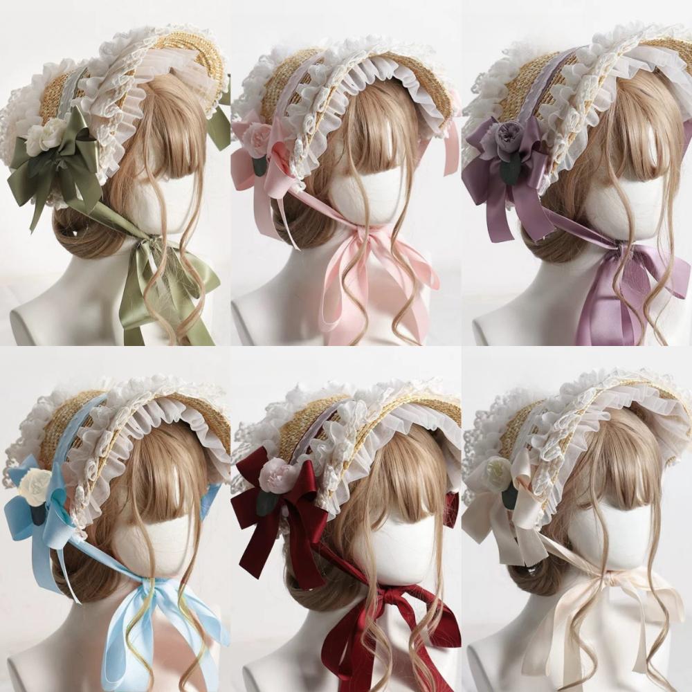 Лолита боннет с плоским верхом, пасторальный стиль, бант, лента, цветочная шляпка, мягкая лолита, соломенная шляпа, пляжный отдых