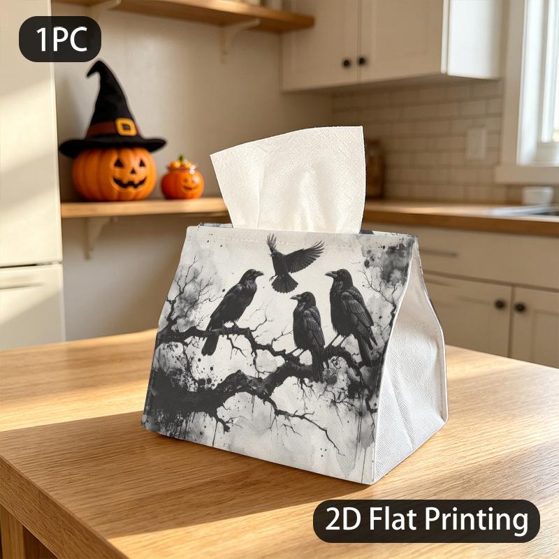 1pc Tissue Box, Ink Wash Raven Mysterious Pattern, 2D Flat Printing, Polyester Fabric, Can Be Washed, Tissue Pouch, for Halloween