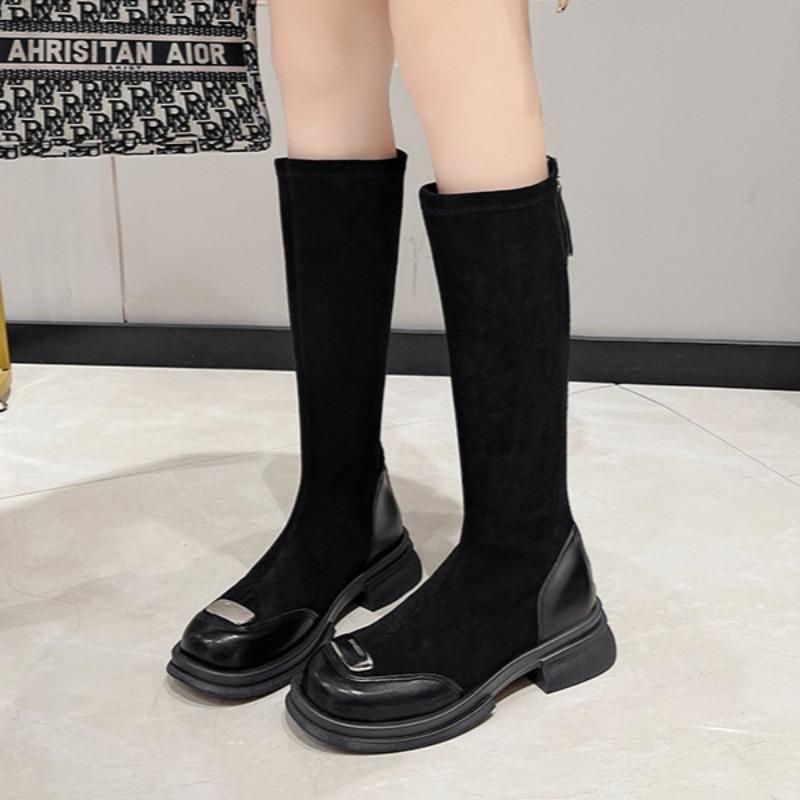 Замшевые женские высокие сапоги на платформе, обувь на среднем каблуке, брендовые теплые плюшевые туфли, женская зимняя тенденция 2024 года, готические высокие сапоги до колена, массивные ботинки Mujer