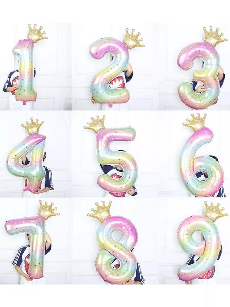 Gradient Rainbow Balloon with Crown for Girl's First Birthday Party Background Decoration