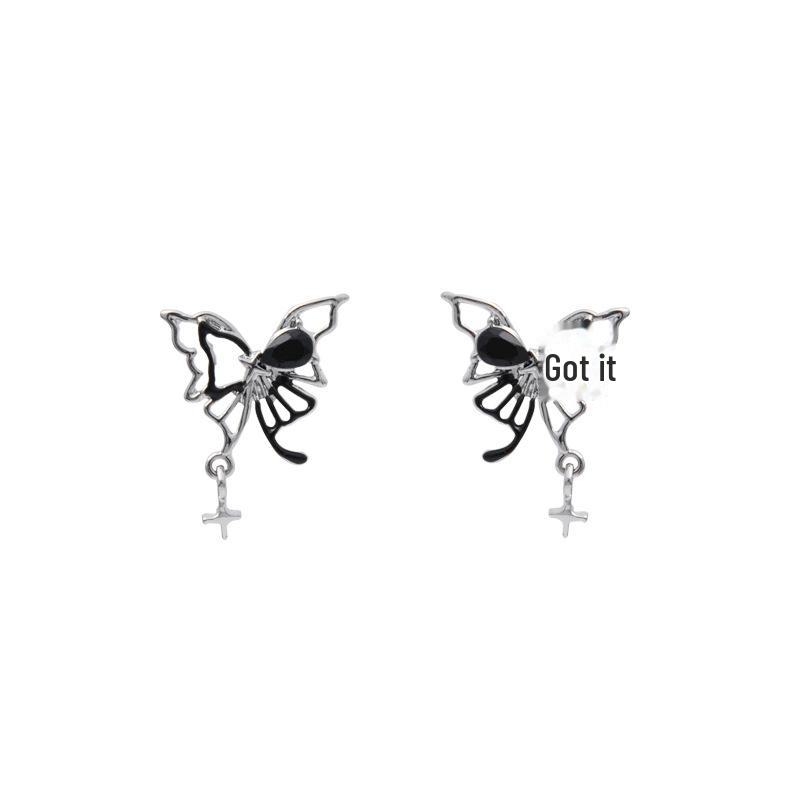 Dark Butterfly Hollow Earrings with Asymmetrical Star Tassels - Sweet and Cool Style