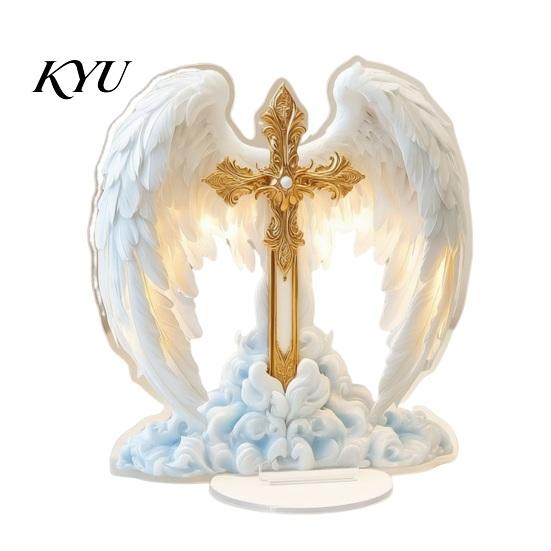 Decorative Cross for Desk Angel Wings Table Sign, Acrylic Religious Wing Statue, Large Elegant Desktop Ornament Tabletop Ornaments Home Living