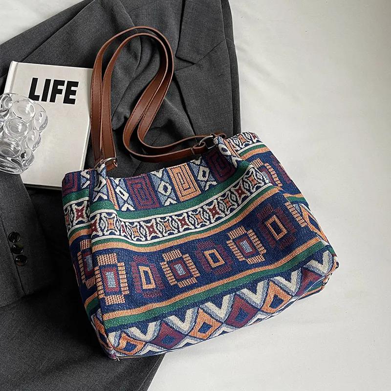 WTEMPO Этнический стиль Большие вместительные холщовые сумки Повседневные универсальные сумки через плечо Женские сумки для поездок на работу с принтом