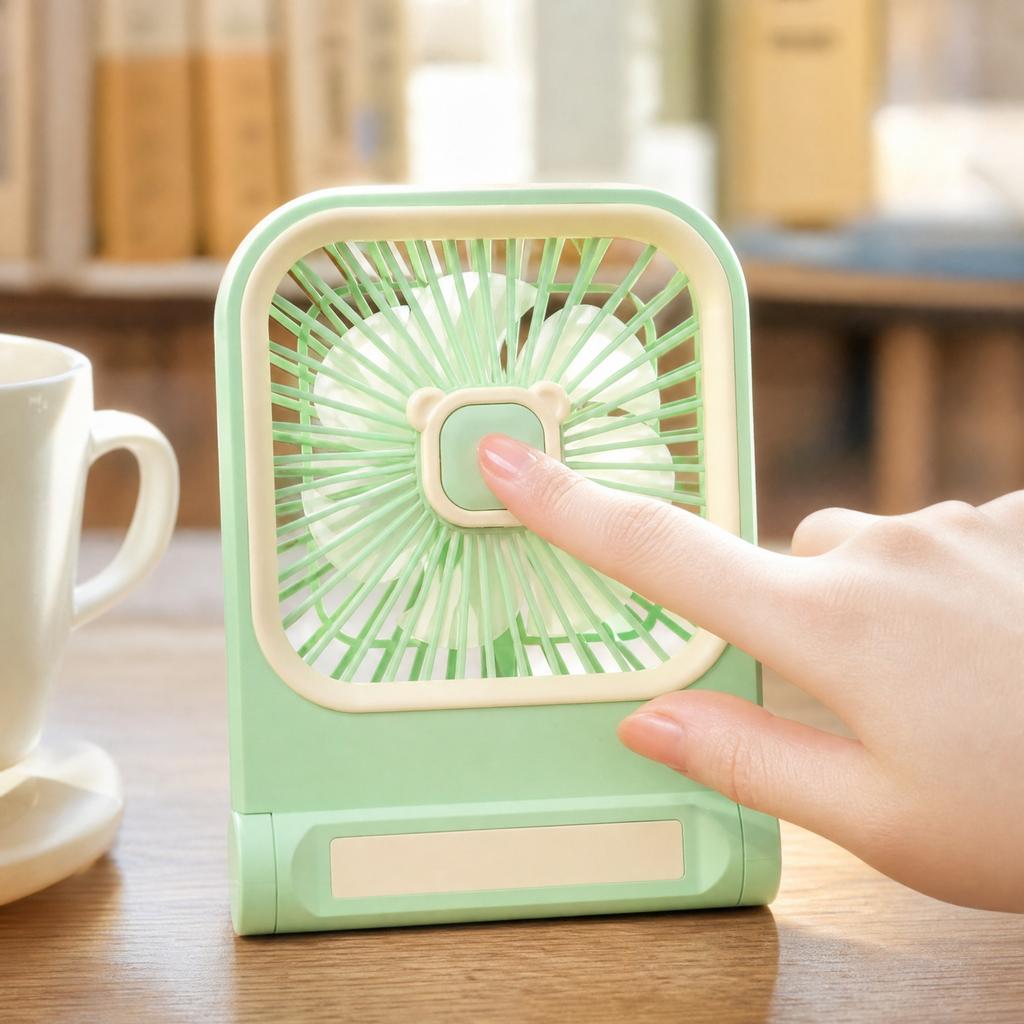 Square Desktop USB Rechargeable Fan with Bear Ear Design 3-Speed Adjustable Small Portable Fan for Desk Wall Mount Outdoor Camping Use
