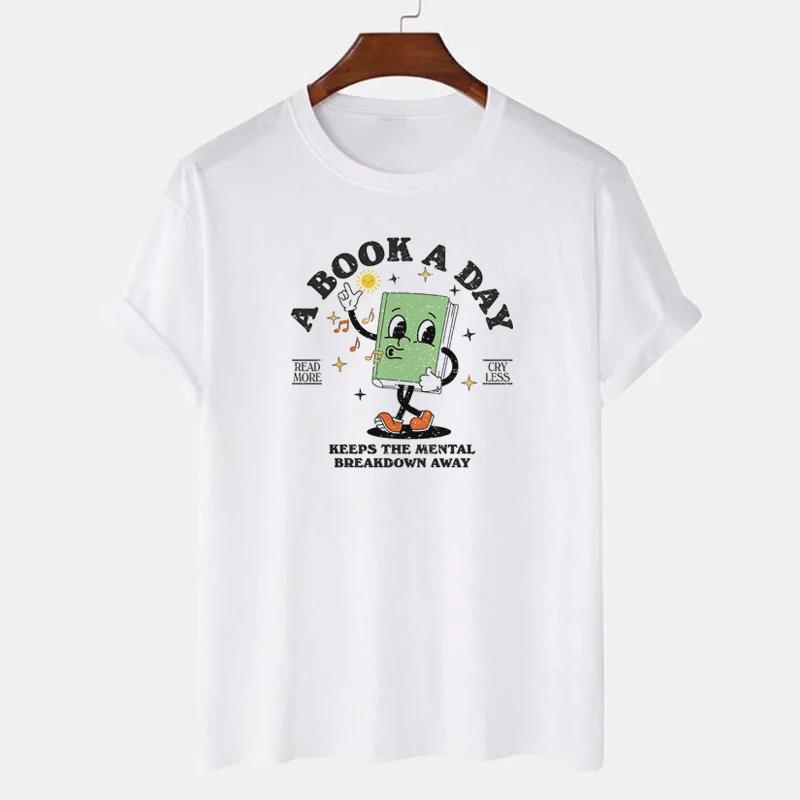 A Book A Day Women Cute Cartoon Bookworm TShirts Funny Book Lover T Shirt Retro Reading Graphic Tees Unisex Bookish Tops Gifts