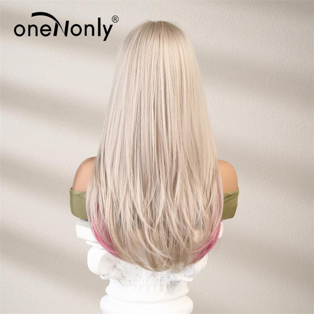 ALAN EATON Long Pink Blonde Wigs with Long Bangs White Hair Wigs for Women Synthetic Wig High Quality Lolita Cosplay Party Wigs