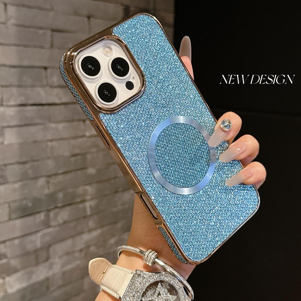 Shiny Rhinestone Glitter Plated Border Magnetic Ring Case for iPhone 16 Pro Max 15 Plus 14 + 13 Pro 12 11 Lens Protection Cover