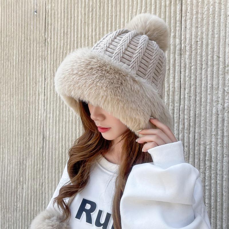 Cashmere Knitted Hat Thick Ear Protection Woolen Hat Big Wool Collar Warm Hat