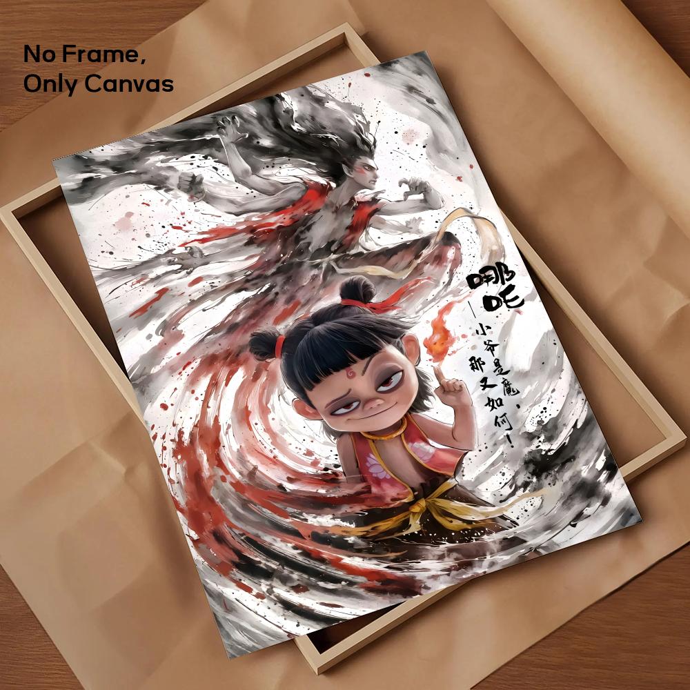 Chinese Anim Nezha Painting Calligraphy HD Canvas Poster living room bedroom bar aesthetic decoration