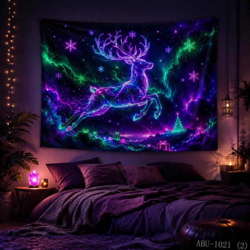Purple Green Aurora Nebula Leapfrog Deer Tapestry HD Background Cloth Festival Atmosphere Room Decoration