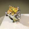 Ювелирное кольцо Ice Flower Cut Zircon, желтое, принцесса, квадратной огранки, бриллиант, легкая роскошь