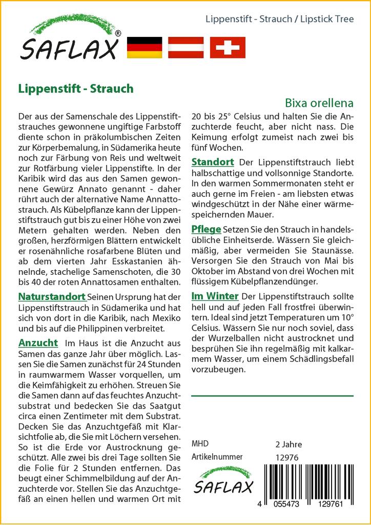 SAFLAX Подарочный набор - Дерево для губной помады - 20 семян - С подарочной коробкой, карточкой, этикеткой и субстратом для цветов - Bixa orellena