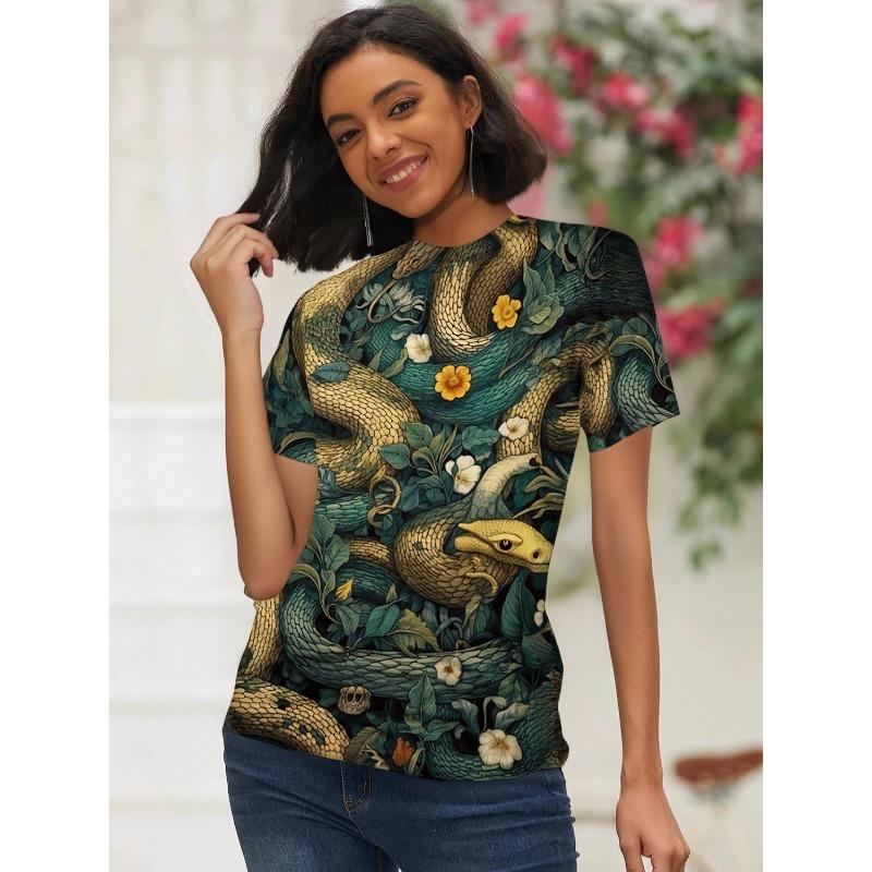 Summer Women's T-Shirt Vintage Casual Serpentine Print Fashion O Neck Pullover Short Sleeve Printed Loose Daily Tops Large Size Design Clothe