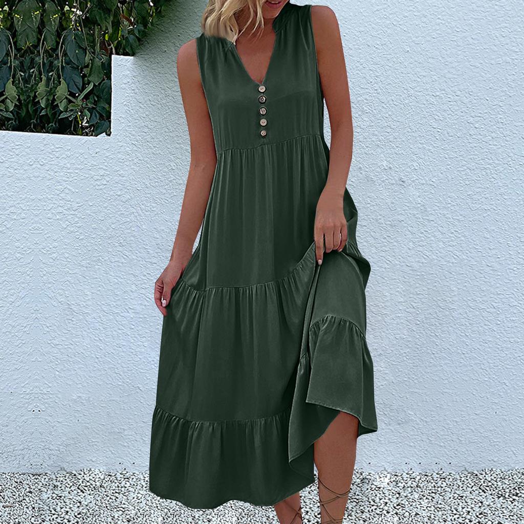 Women's Fashion Sleeveless Pleated Loose V-Neck Mid-Length Solid Colour Dresses