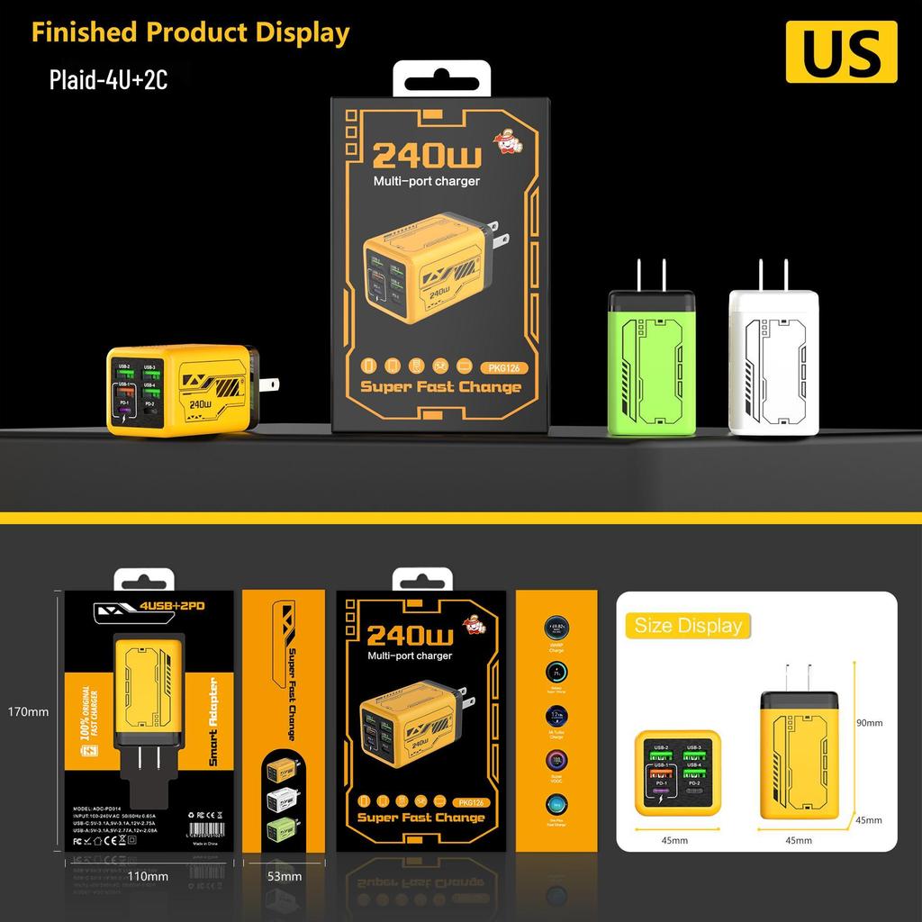 Быстрое зарядное устройство PD240W в стиле меха: 4 порта USB и 2 порта Type-C, Совместимость с устройствами Apple и Huawei