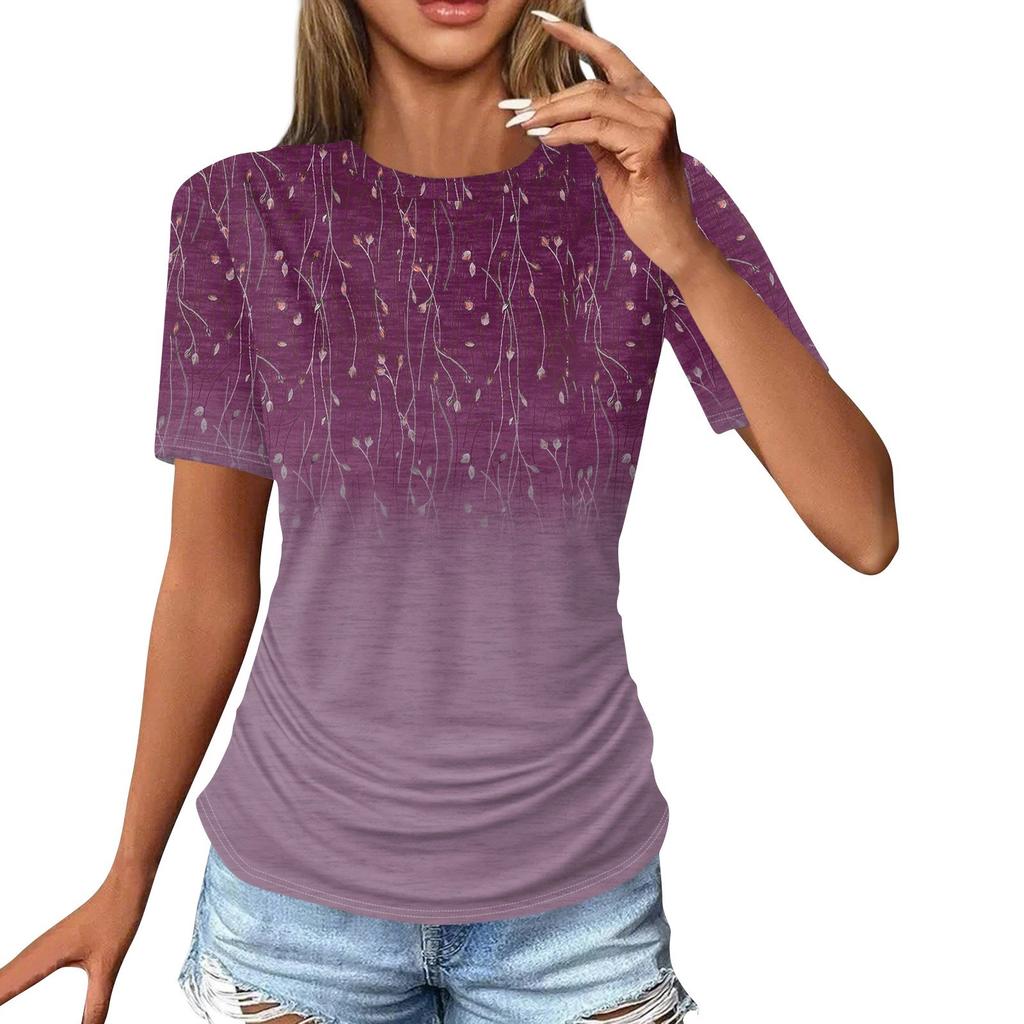 Women's T Shirts Fashion Casual Tops Round Neck Short Sleeve Printed Tunic