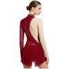 Women‘s Sparkly Rhinestone Leotard Dress Sheer Mesh Long Sleeve Mock Neck Color Blocking Asymmetrical Hem for Figure Skating Latin Performance