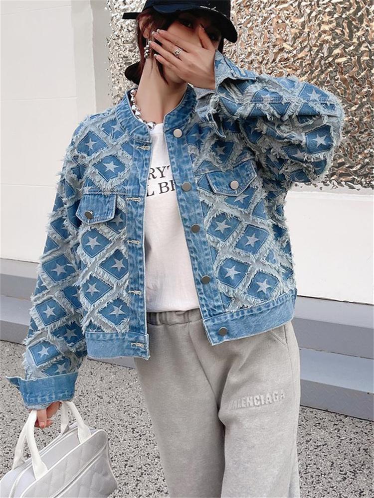 Джинсовая куртка с геометрическим рисунком для женщин, новая модная осенне-зимняя джинсовая куртка с длинными рукавами, уличная однобортная куртка
