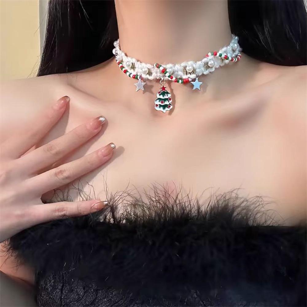 Santa Claus Christmas Plush Choker Christmas Tree Xmas Clavicle Chain  Jewelry Accessories