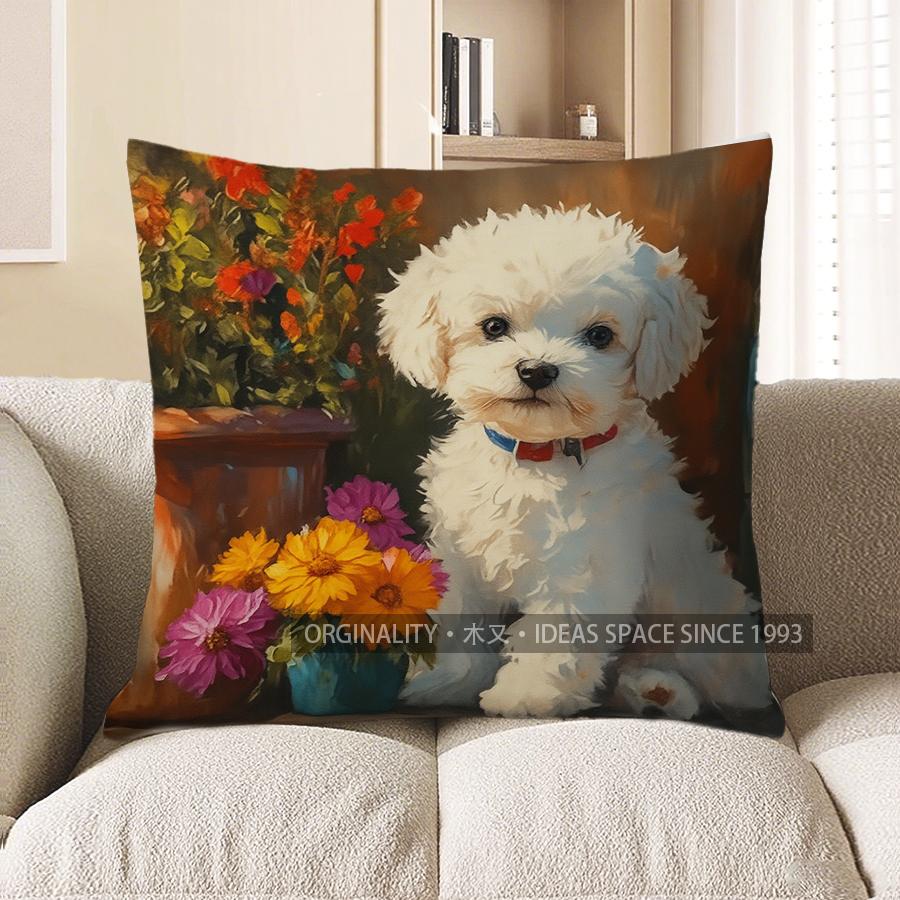 Home Decor Cute Puppy With Flowers Throw Pillow Cover Pattern Cushion Cover Suitable For Sofa Bedroom Car Pillow Cover