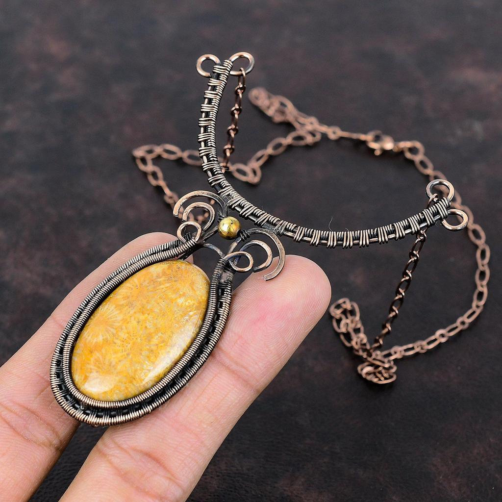 Ожерелье из ископаемого коралла и драгоценного камня, медная проволока, регулируемое ожерелье, медные украшения, ожерелье ручной работы, уникальные ювелирные изделия, подарок для особого случая