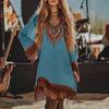Womens Summer Dress Fashion Casual Fit Flowy Lace Loose Print Long Sleeve V Neck Dress